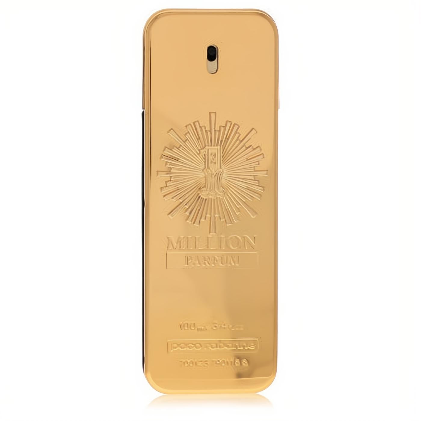 Daring Paco Rabanne 1 Million Parfum 3.4 oz men's spray in a striking gold bar bottle with embossed "1" and sunburst.