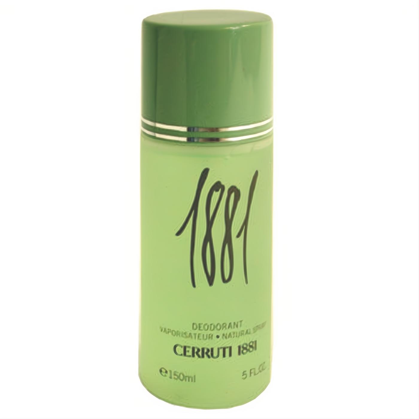 Cerruti 1881 men's 5 oz deodorant spray. Sleek light green bottle with a dark green cap and silver accent.