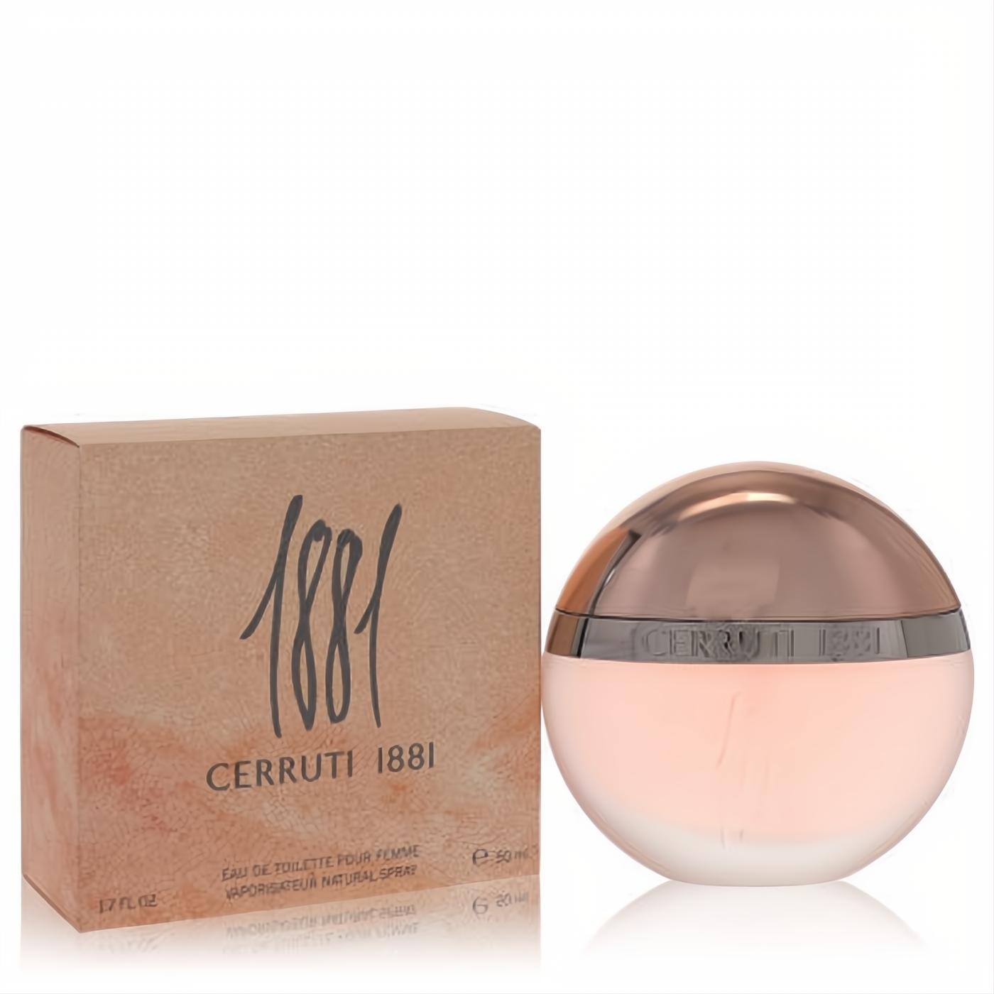 Experience Cerruti 1881 women's 1.7 oz EDT. Elegant round pale pink bottle with rose gold cap, beside its chic tan box.