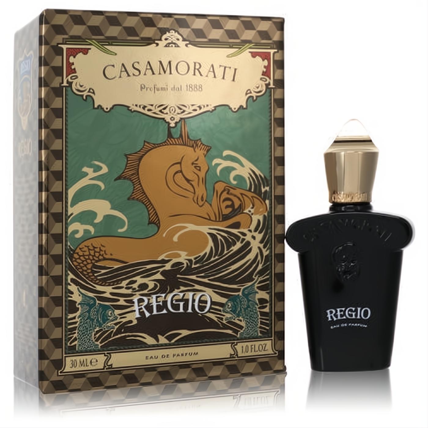 Luxurious Xerjoff Casamorati Regio 1 oz unisex EDP. Vintage gold & green box with seahorse art, sleek matte black bottle, ornate gold cap.
