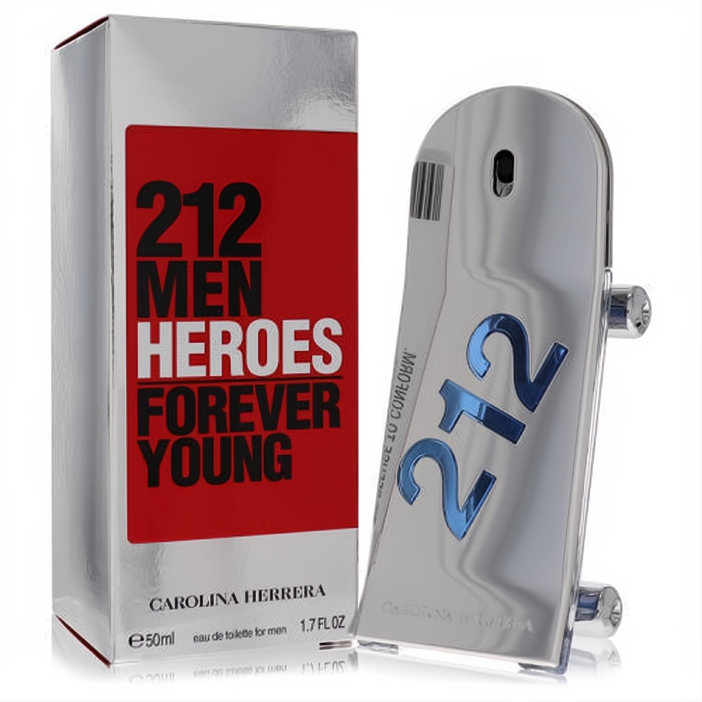 Carolina Herrera 212 Heroes 1.7 oz EDT. Bold silver box, iconic chrome skateboard bottle with blue "212" design.
