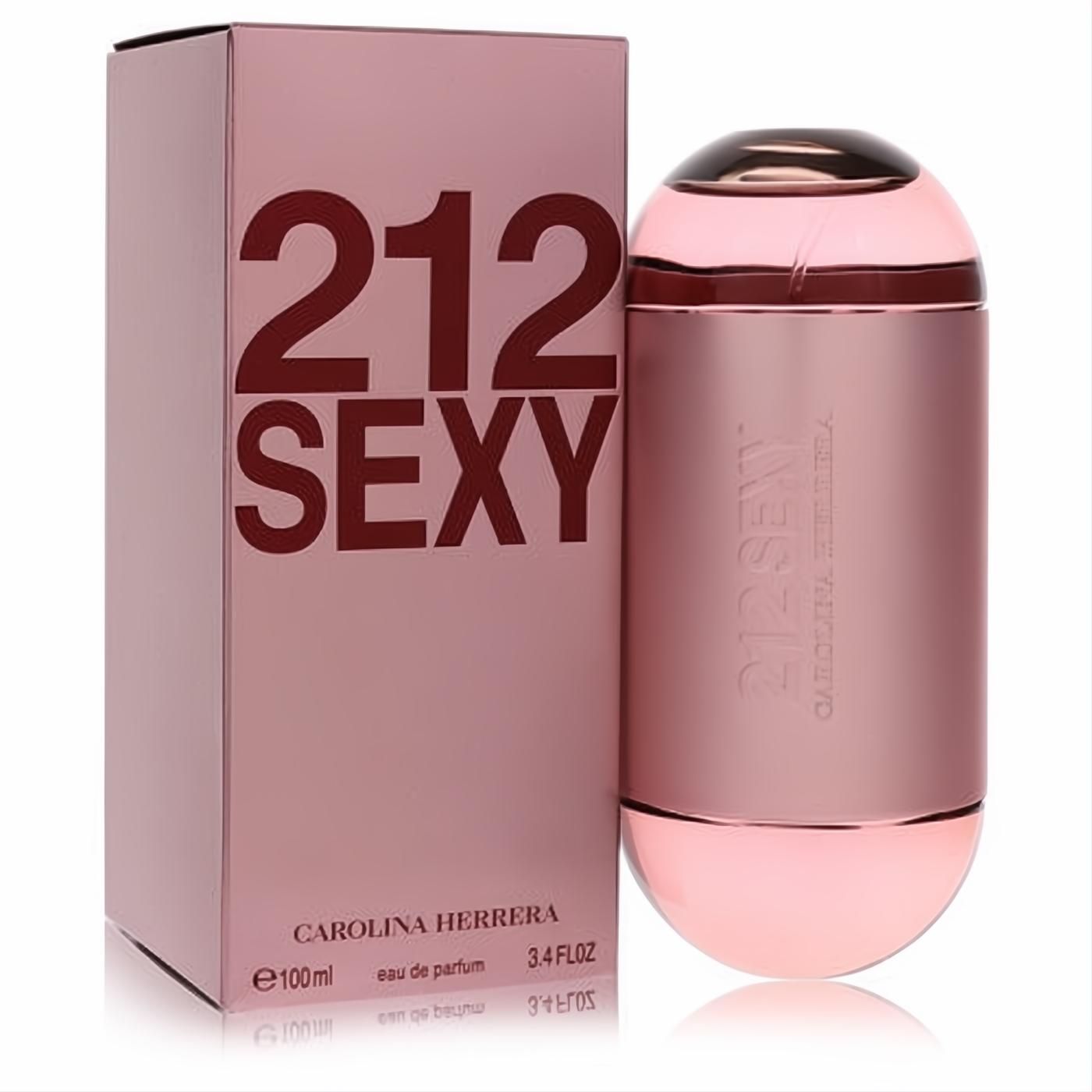 Luxurious Carolina Herrera 212 Sexy 3.4 oz EDP in a sleek rose gold bottle with its chic pink box.