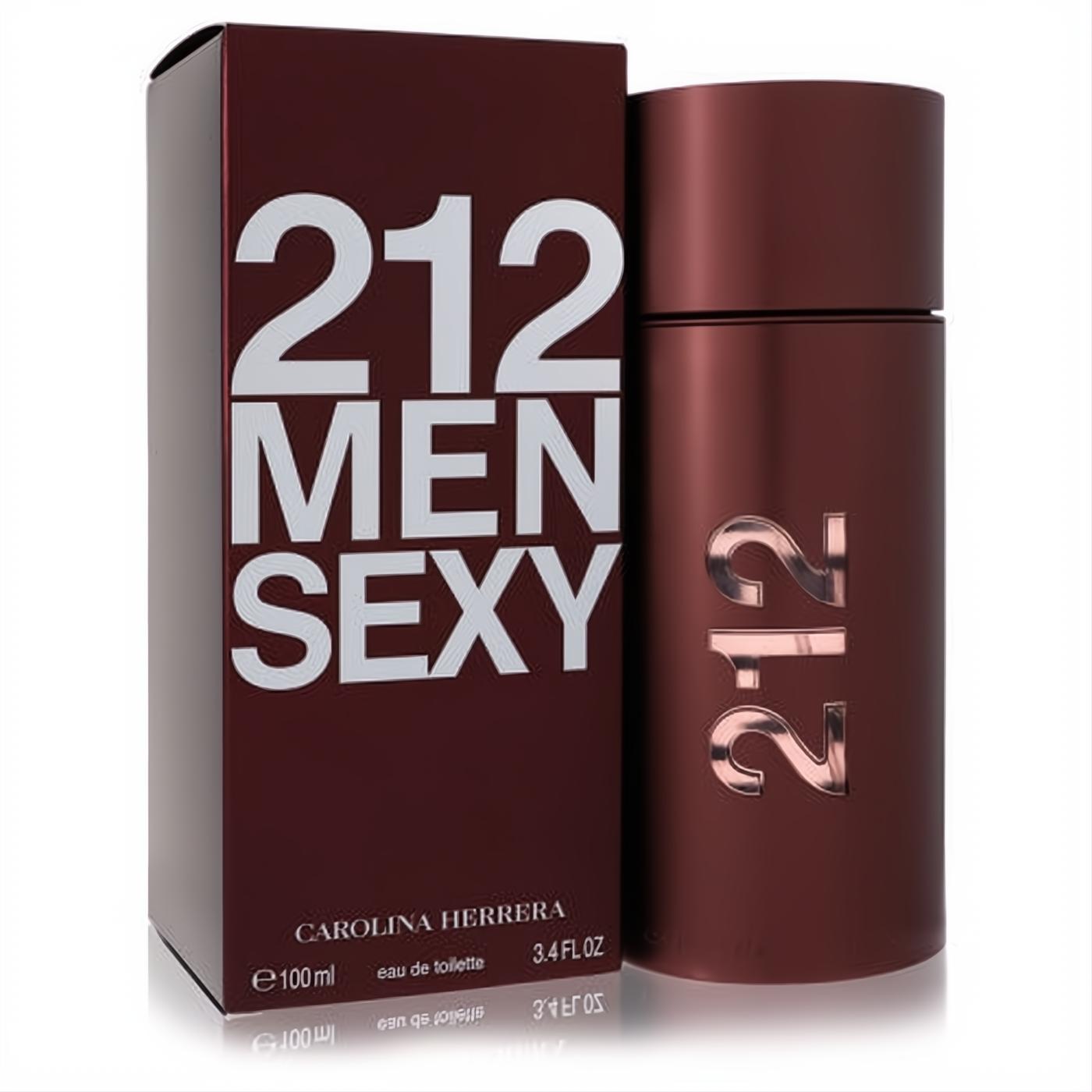 Sleek Carolina Herrera 212 Sexy Men 3.4 oz cologne. Bold dark red bottle with metallic '212' and matching display box.