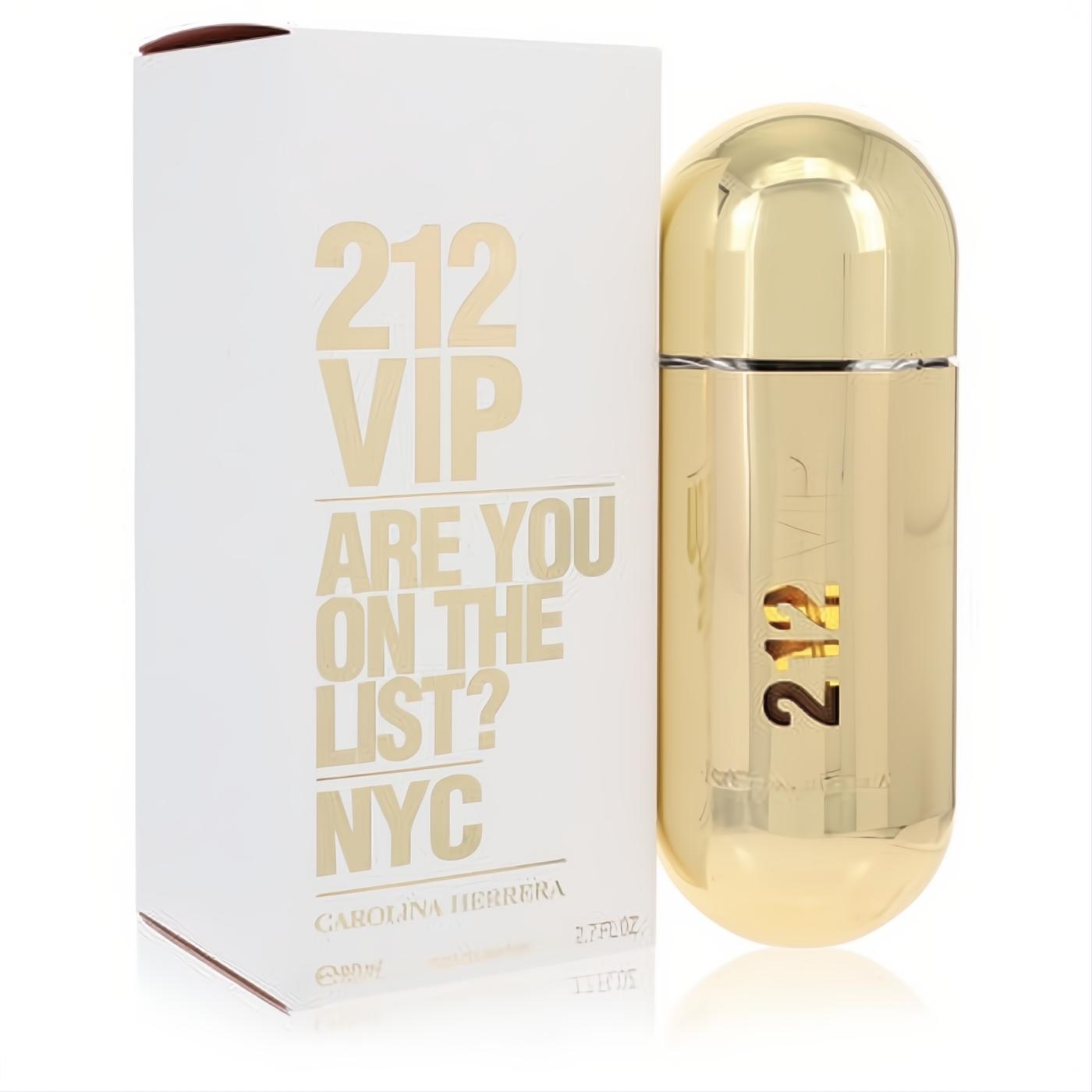 Luxurious gold 212 VIP Carolina Herrera Eau De Parfum 2.7 oz spray bottle with elegant white branded box.