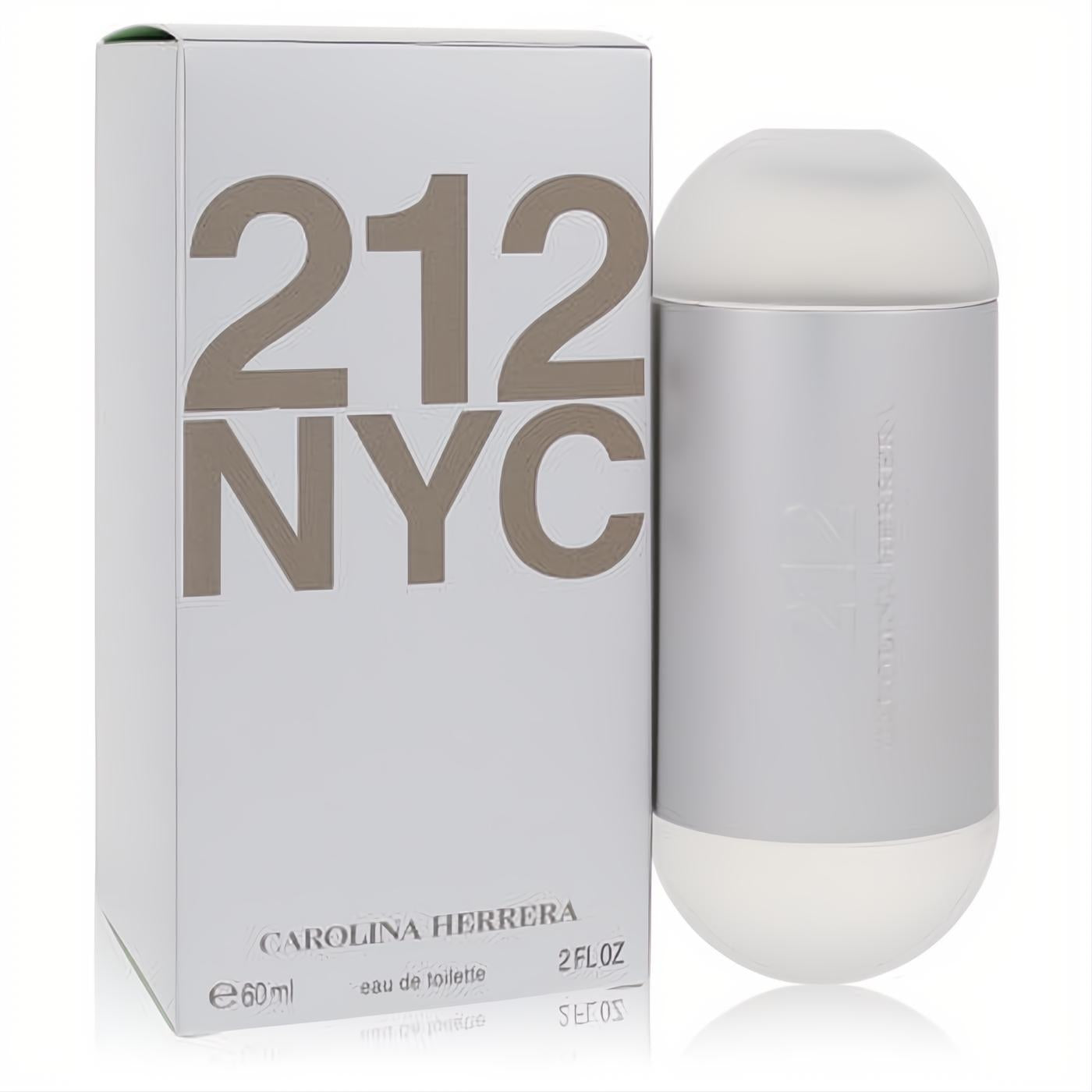 Carolina Herrera 212 NYC 2 oz Eau de Toilette. Sleek silver bottle with frosted caps, next to its modern grey box.