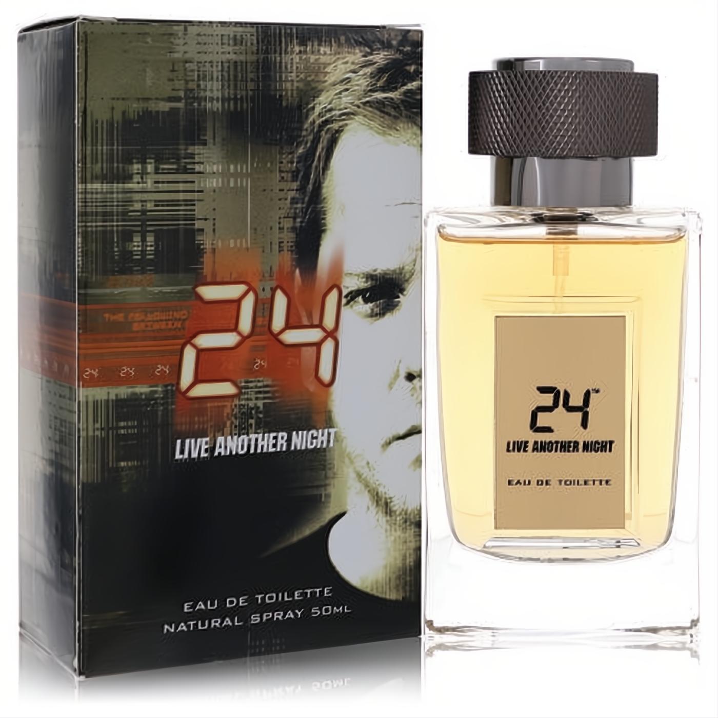 ScentStory 24 Live Another Night men's EDT. Amber fragrance in a sleek glass bottle with dark cap & iconic '24' logo. Matching box features Jack Bauer. Feel heroic.