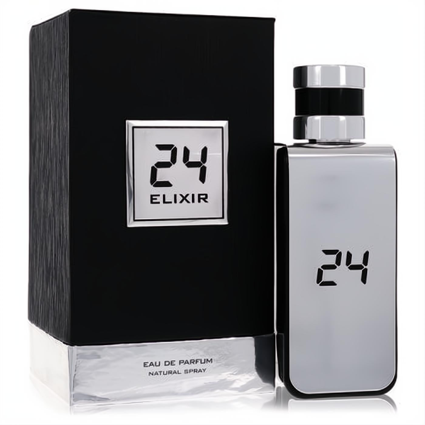 Modern silver 24 Platinum Elixir Eau De Parfum spray bottle with black cap, next to its sleek black and silver box.