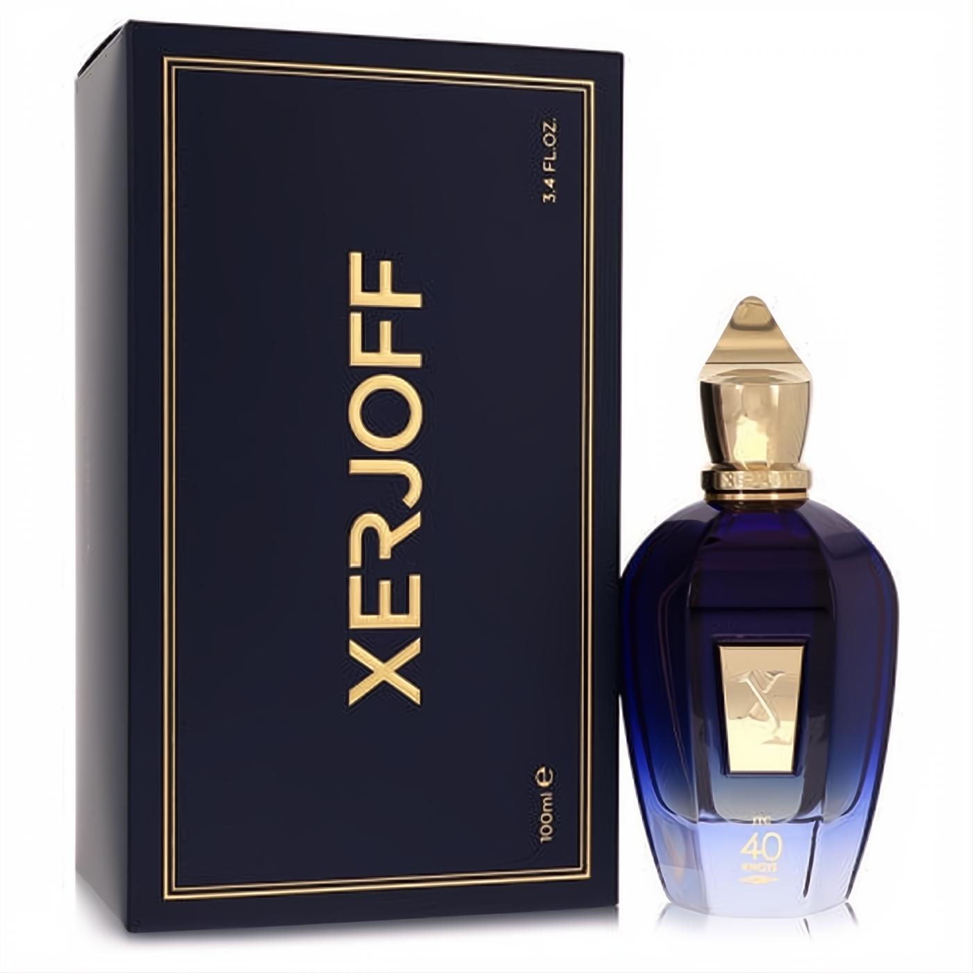 Xerjoff 40 Knots 3.4 oz unisex EDP spray. Elegant deep blue ombre glass bottle, ornate gold cap, and premium navy box.