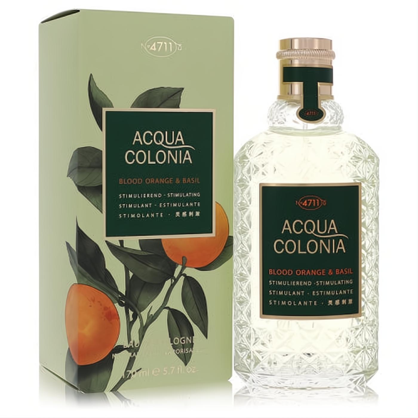 4711 Acqua Colonia Blood Orange & Basil 5.7 oz unisex cologne. Elegant textured bottle, gold cap, vibrant green box with orange design.