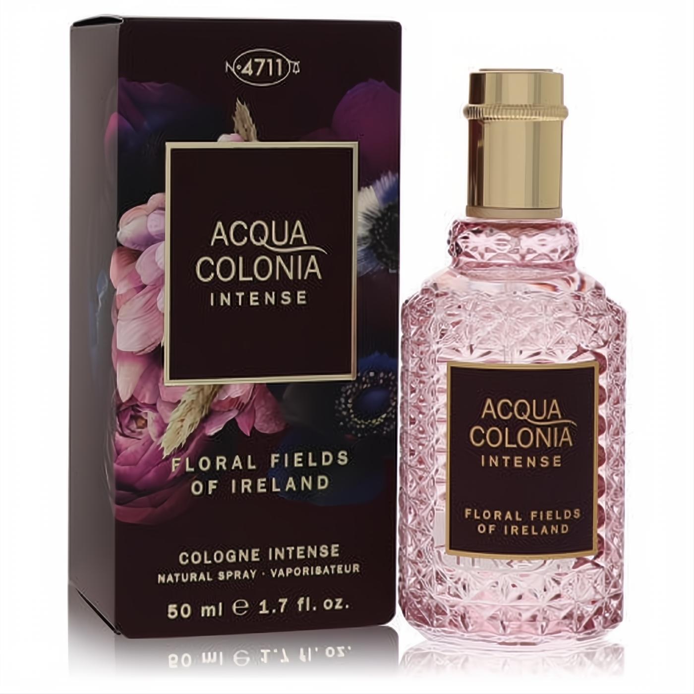 Captivating 4711 Acqua Colonia Floral Fields of Ireland 1.7 oz unisex cologne. Pink textured bottle, gold cap, and elegant dark floral box.