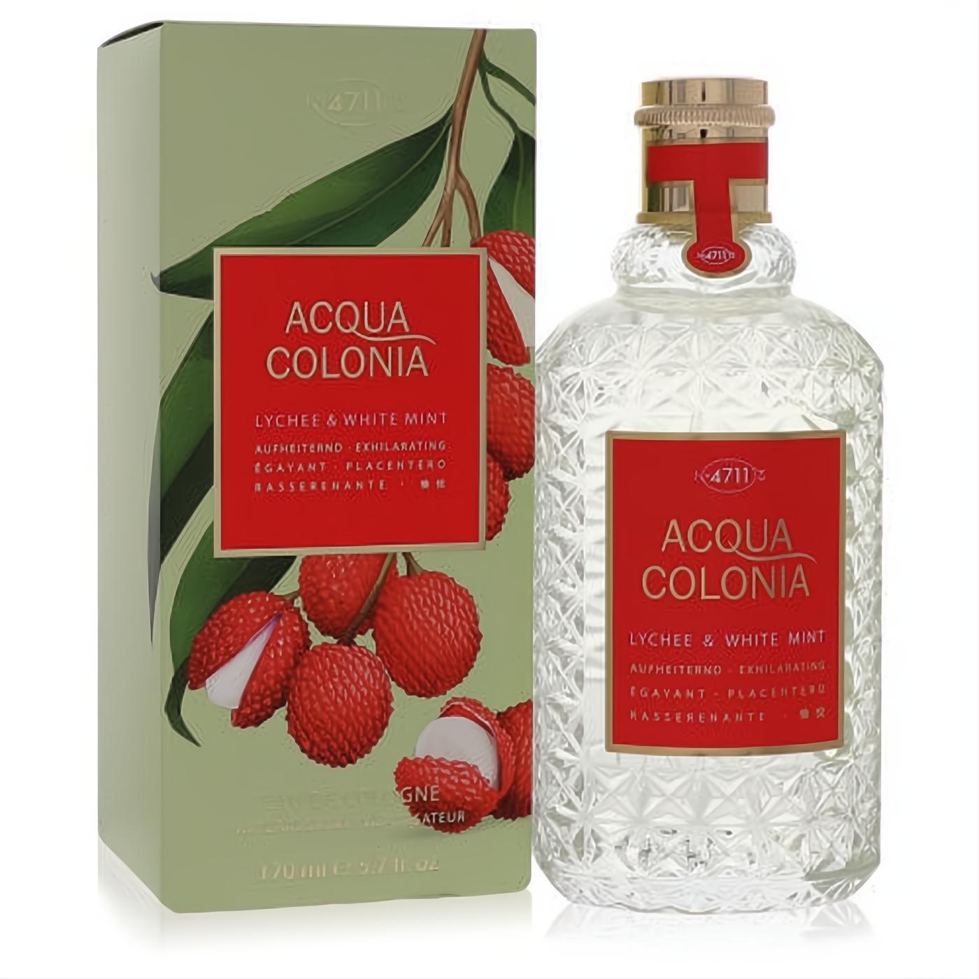 Experience 4711 Acqua Colonia Lychee & White Mint 5.7 oz. Exquisite cut crystal bottle with gold cap and vibrant green lychee box.