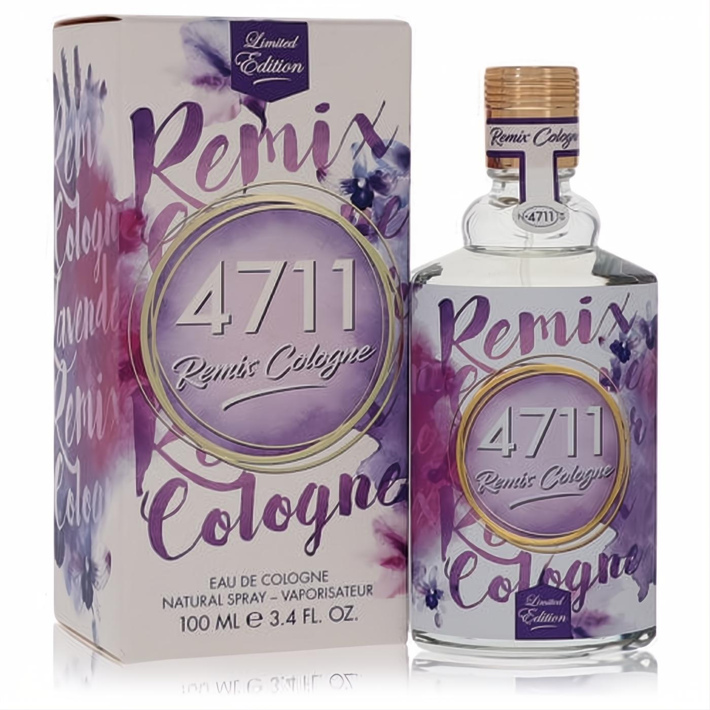 Elegant 4711 Remix Lavender Limited Edition 3.4 oz unisex cologne. Clear bottle, gold cap, purple floral label, and matching box.