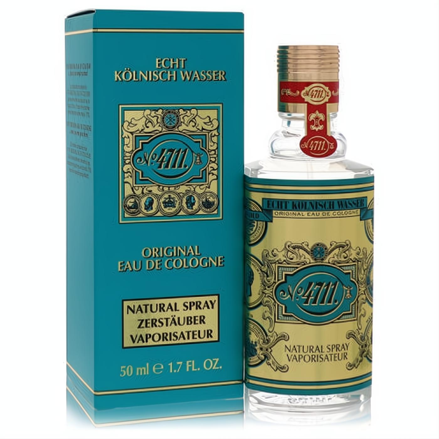 Iconic 4711 Unisex Eau De Cologne 1.7 oz spray bottle, with its classic gold and teal ornate label, displayed beside the matching gift box.