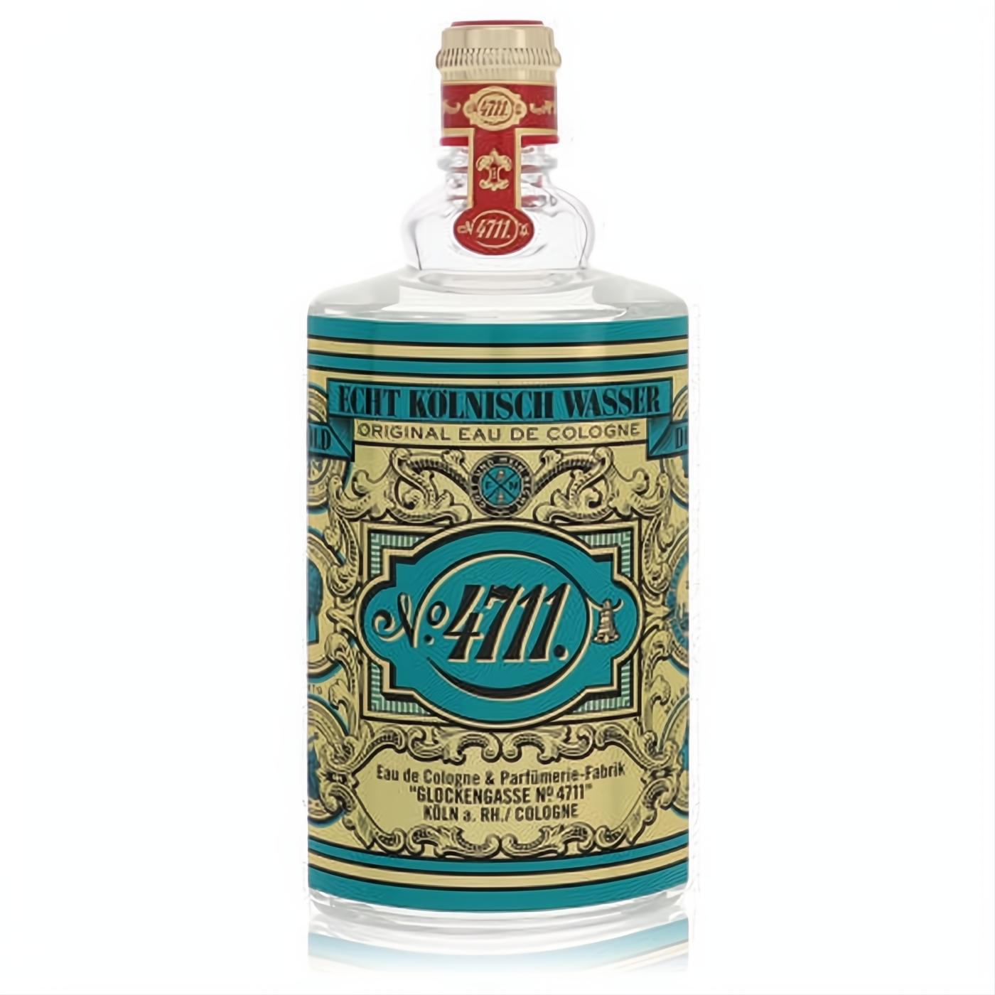4711 Eau De Cologne 5.1 oz in a clear glass bottle, featuring its iconic teal and gold vintage label and red cap.