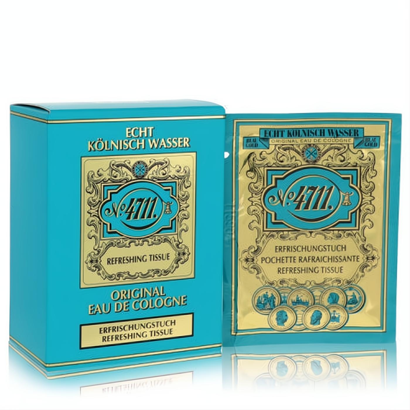 Refresh with 4711 Lemon Scented Tissues. Elegant turquoise and gold box with a unisex cologne wipe sachet.