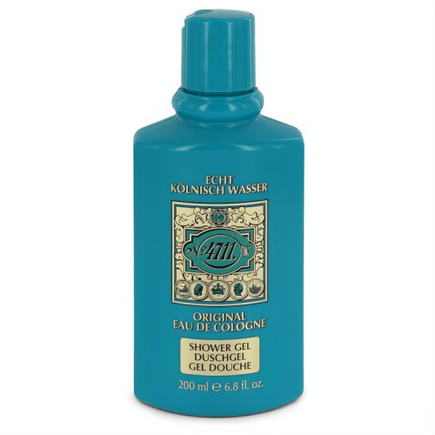 Vibrant teal plastic 4711 Shower Gel 6.8 oz bottle with elegant gold label. Experience classic unisex fragrance.