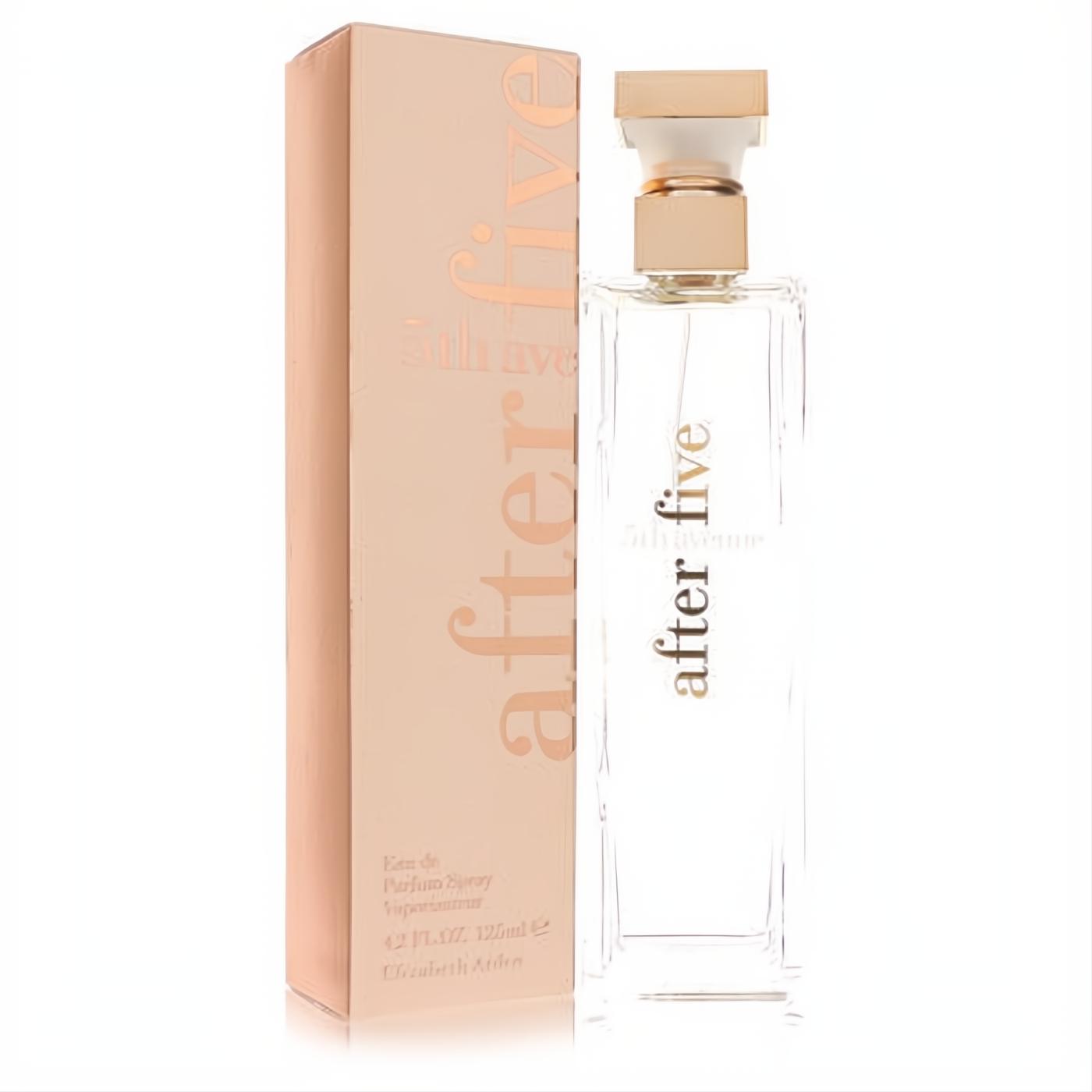 Elegant Elizabeth Arden 5TH AVENUE After Five 4.2 oz EDP spray in a sleek clear bottle with gold cap, beside its chic rose gold box.