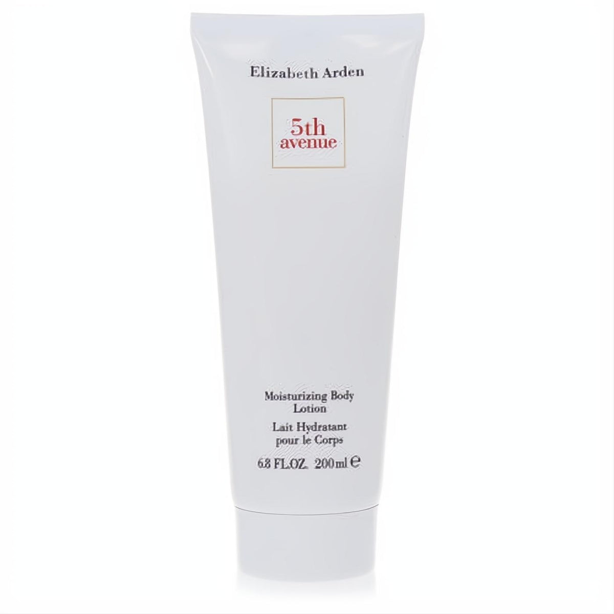 Smooth white Elizabeth Arden 5th Avenue 6.8 oz moisturizing body lotion tube, with elegant red logo.