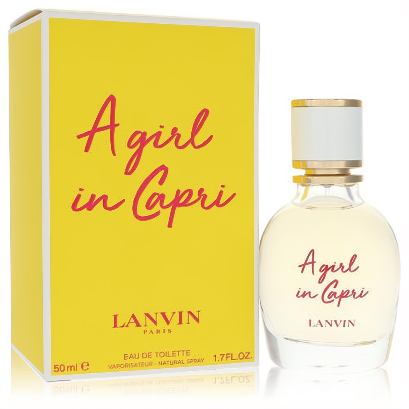 Lanvin A Girl in Capri 1.7 oz women's EDT spray. Clear bottle, gold cap, vibrant yellow box. Embrace the summer escape.