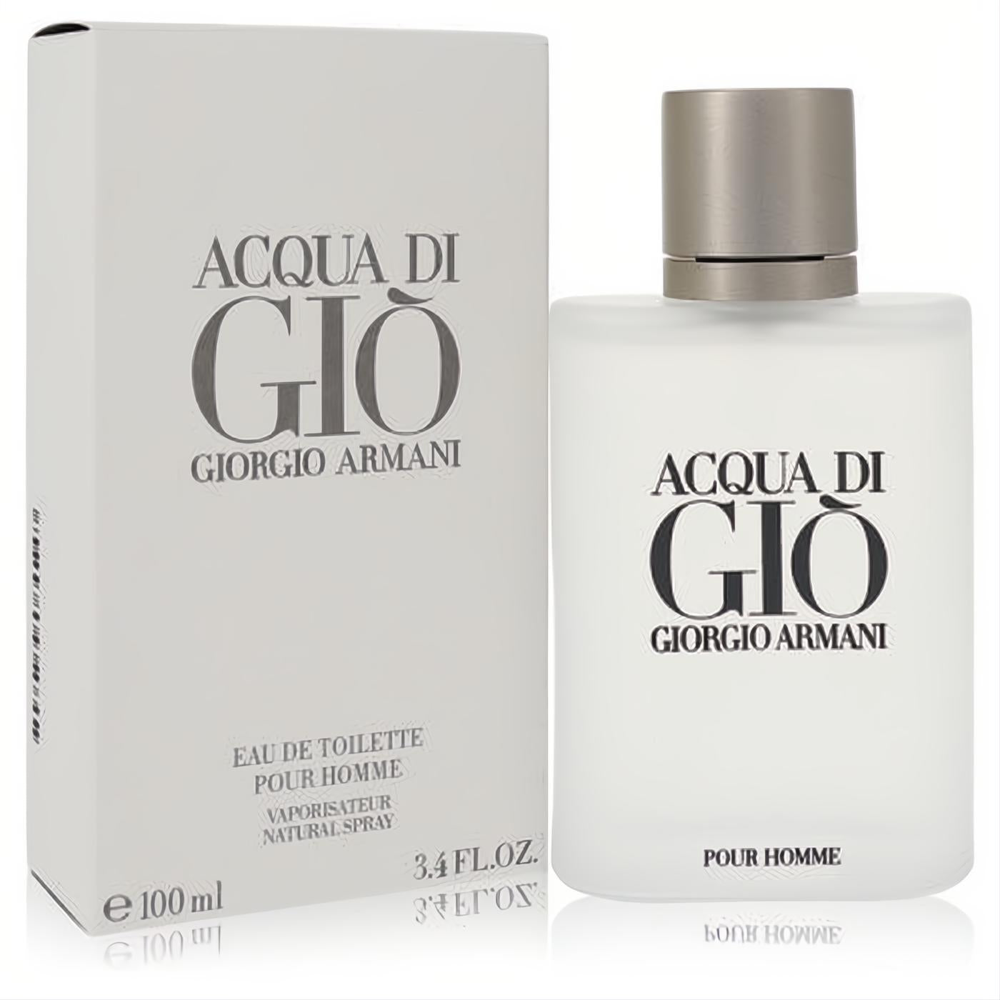 Acqua Di Gio by Giorgio Armani 3.4 oz men's Eau de Toilette. Frosted glass spray bottle with silver cap and white box.