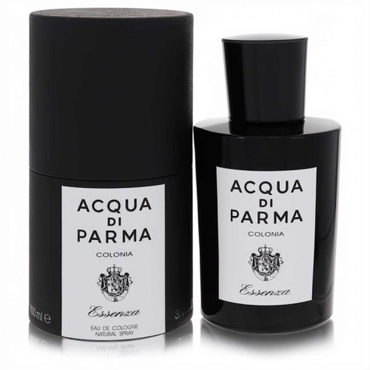 Elegant Acqua Di Parma Colonia Essenza 3.4 oz men's eau de cologne spray in a black glass bottle with white label and matching box.
