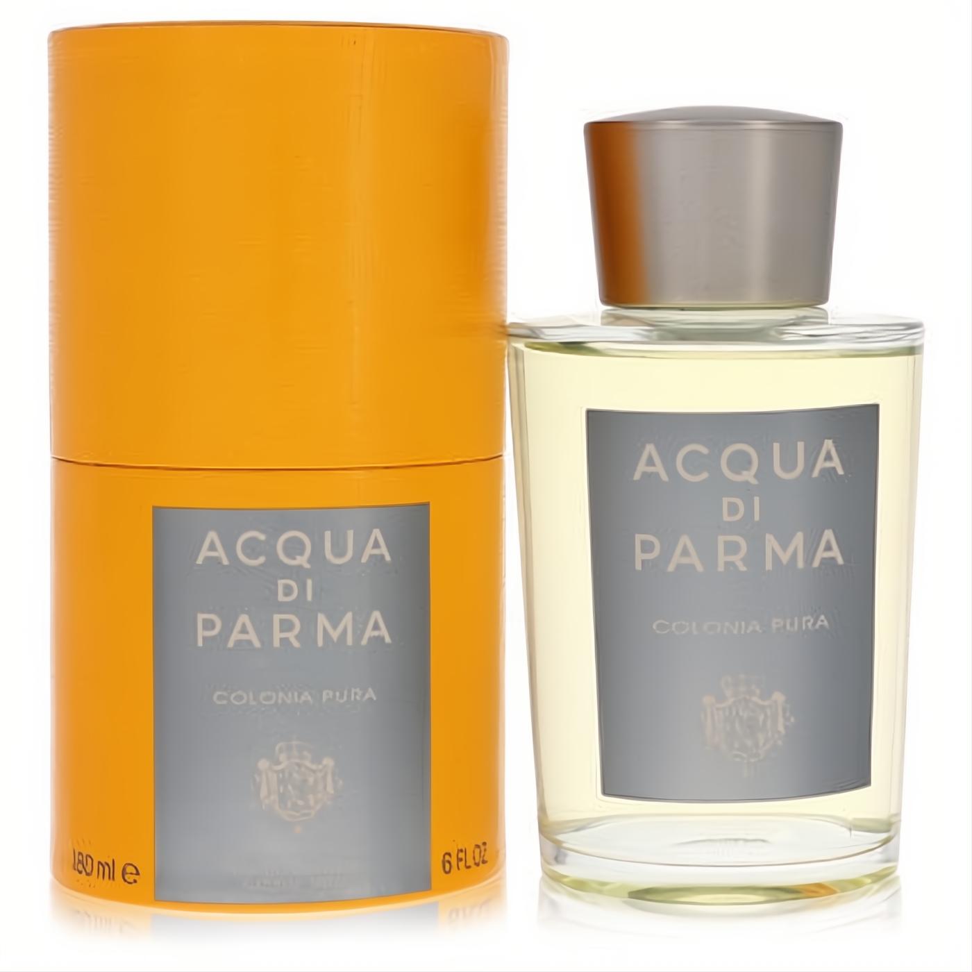Acqua Di Parma Colonia Pura 6 oz unisex cologne: clear bottle with silver label, presented in a vibrant orange box.**