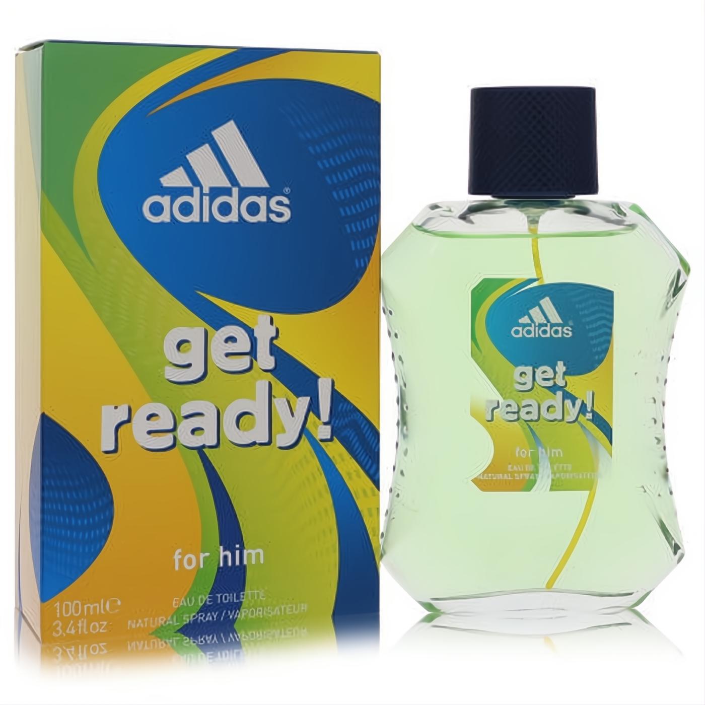 Adidas Get Ready for Men 3.4 oz EDT spray. Vibrant yellow, green, blue box and a sleek, contoured green glass bottle with dark cap.