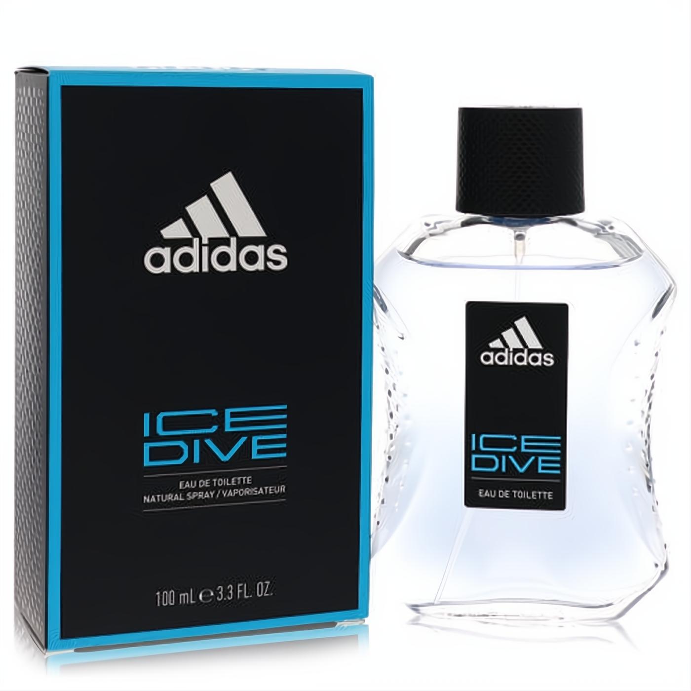 Invigorating Adidas Ice Dive 100ml EDT for men. Clear glass bottle, black cap, and sleek black box with vibrant blue details.