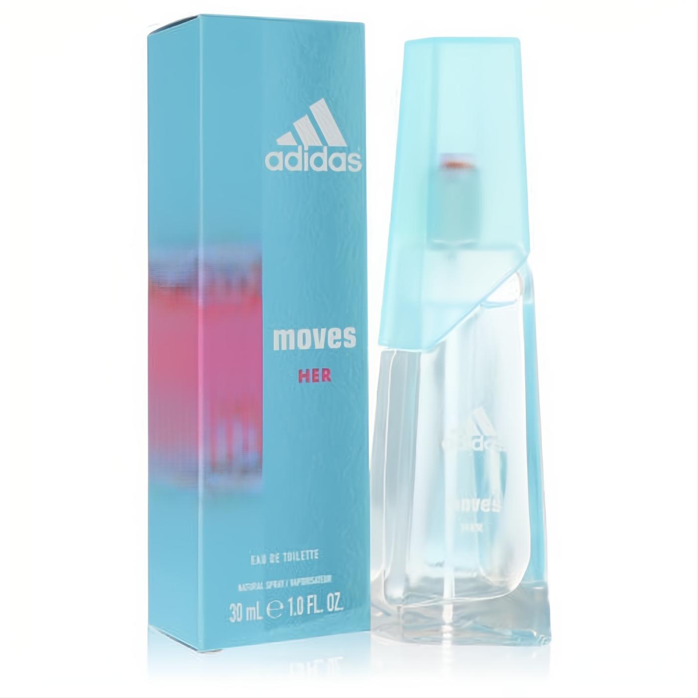 Adidas Moves Her 1 oz EDT. Clear angular bottle with a sleek light blue cap, displayed with its vibrant blue and pink box.