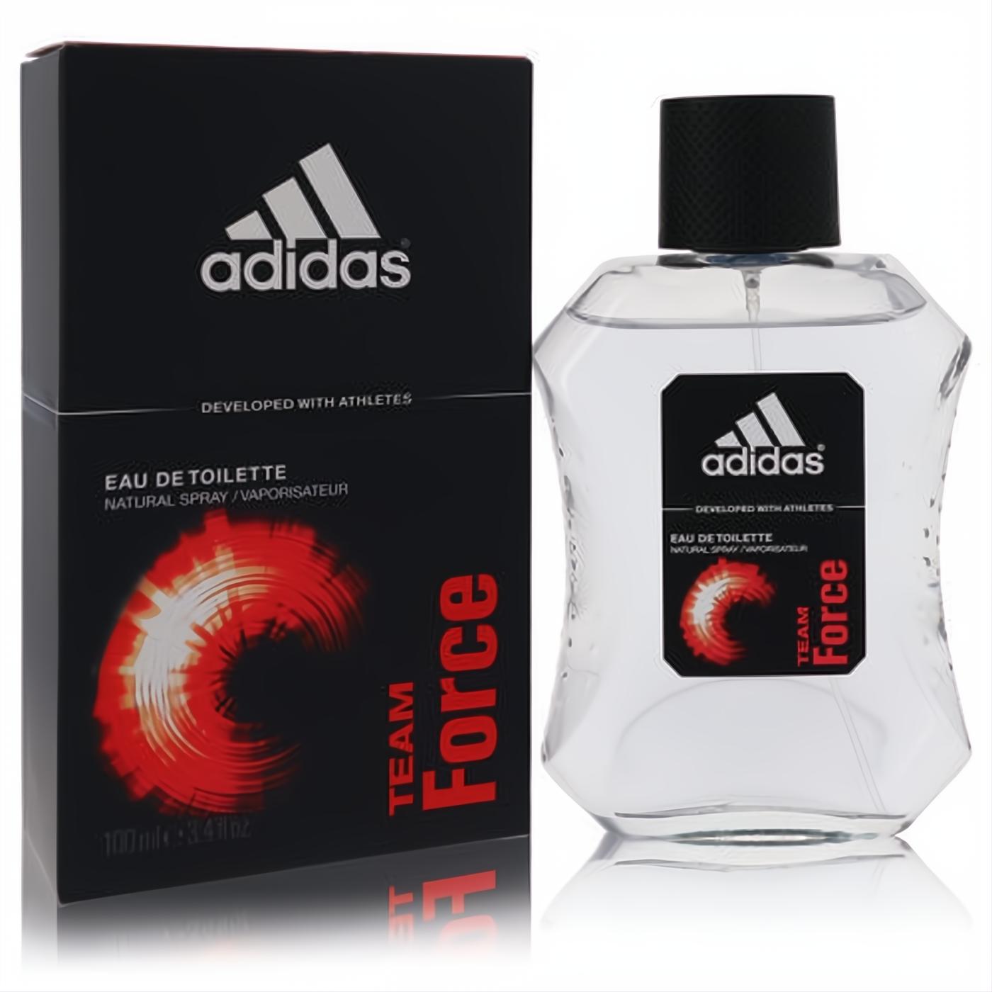 Adidas Team Force men's 3.4 oz EDT. Clear faceted bottle, black cap, and sleek black box with bold red graphic.