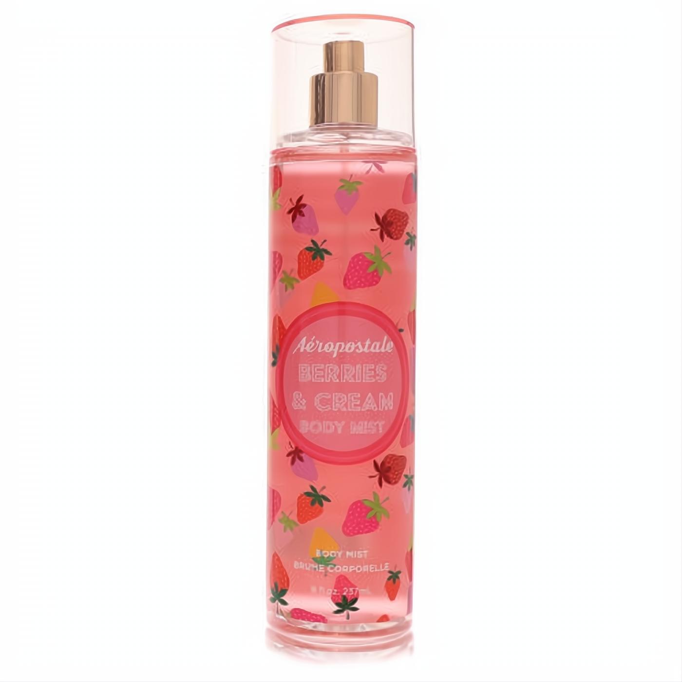 Invigorating Aeropostale Berries & Cream 8 oz body mist. Clear bottle, pink liquid, vibrant strawberry and berry print, elegant rose gold sprayer.