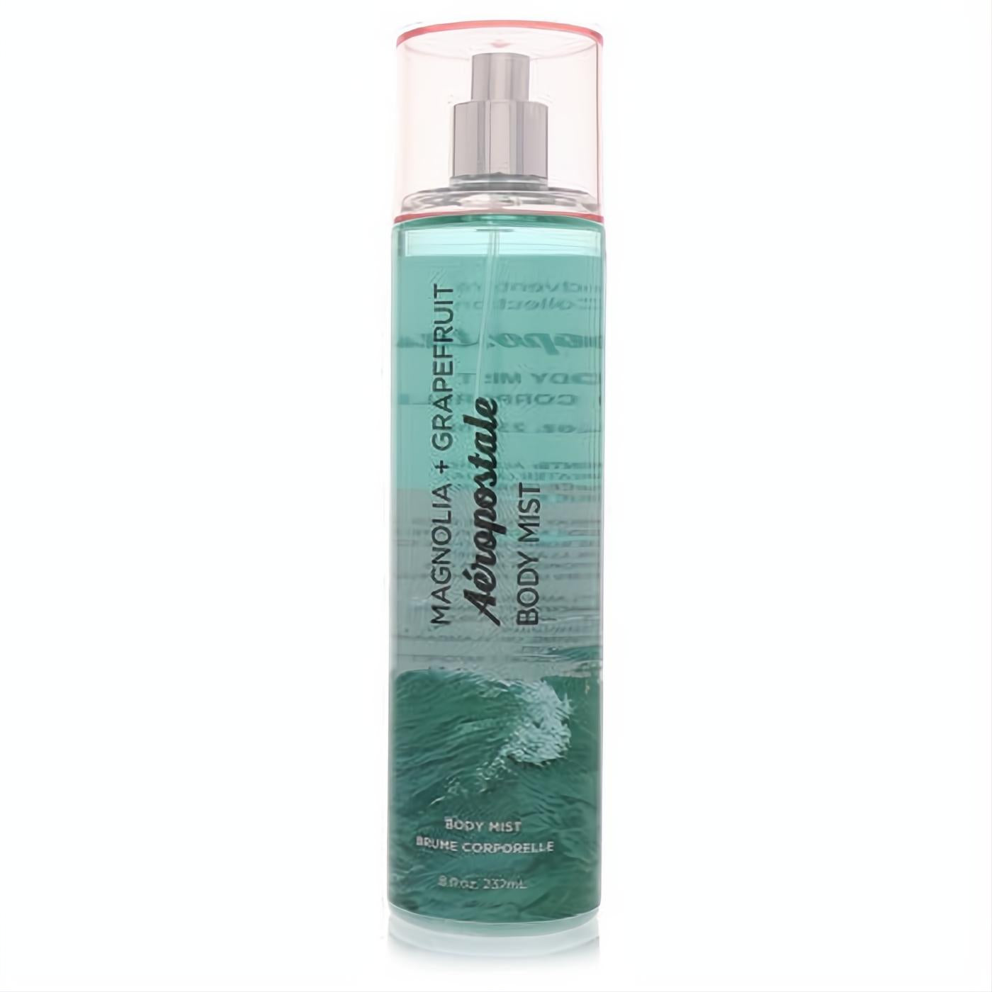 Aeropostale Magnolia & Grapefruit 8 oz body mist. Clear bottle with vibrant teal liquid, dynamic wave label, and pink-tinted cap.