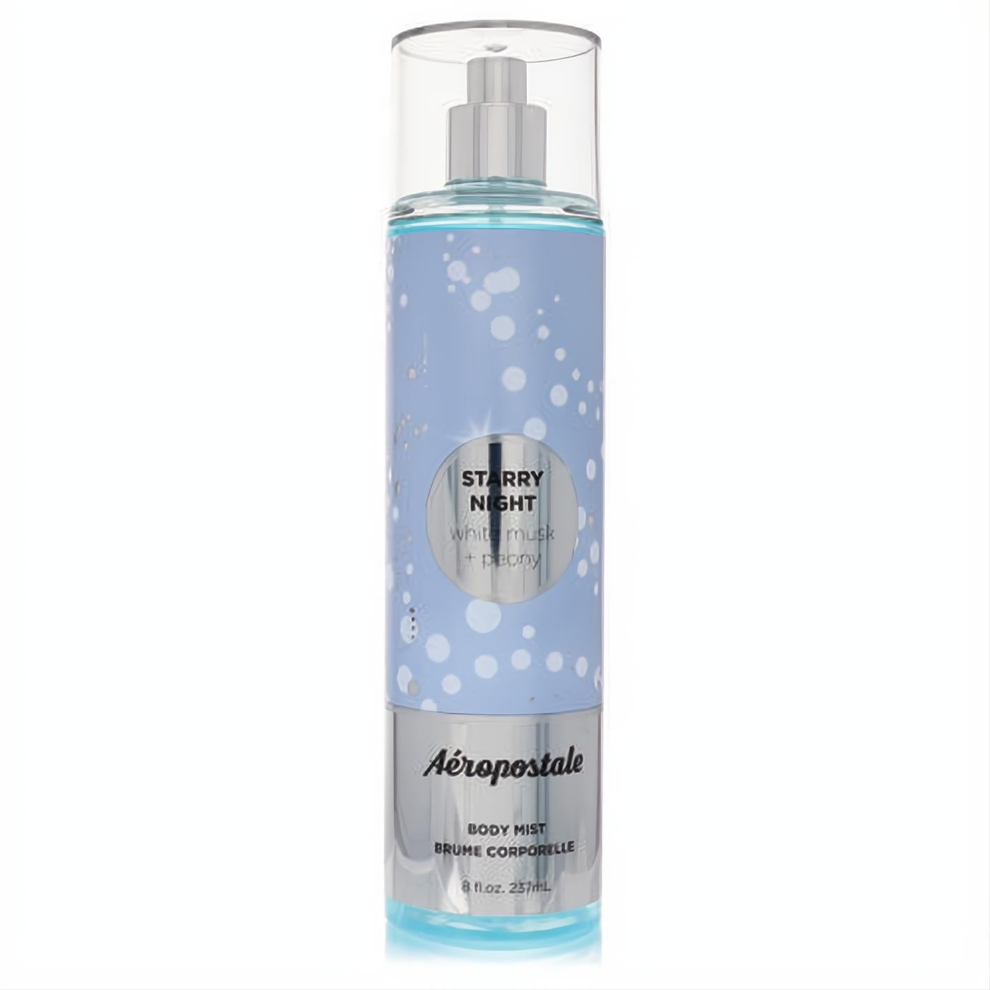 Aeropostale Starry Night 8 oz body mist. Celestial blue bottle with sparkling white stars, sleek silver base, and white musk + peony scent.