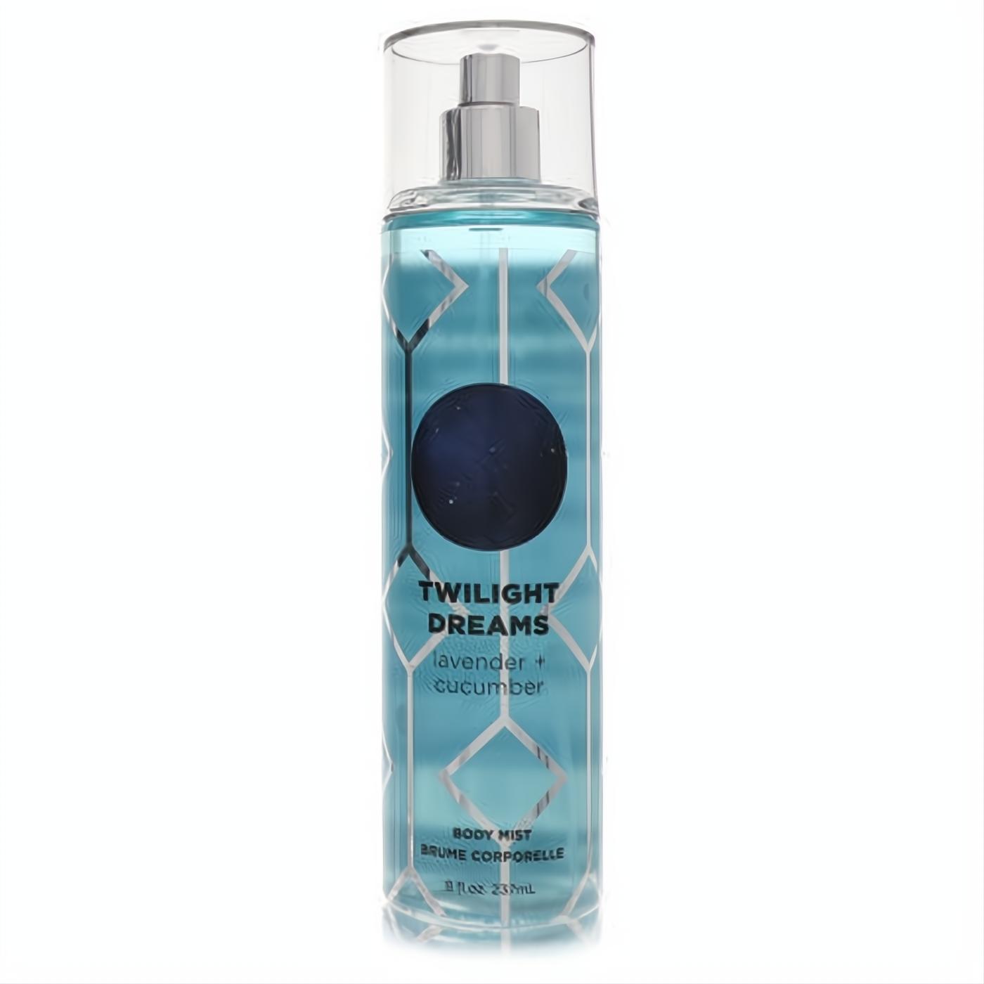 Aeropostale Twilight Dreams lavender + cucumber 8 oz body mist. Clear bottle, light blue liquid, silver geometric design.
