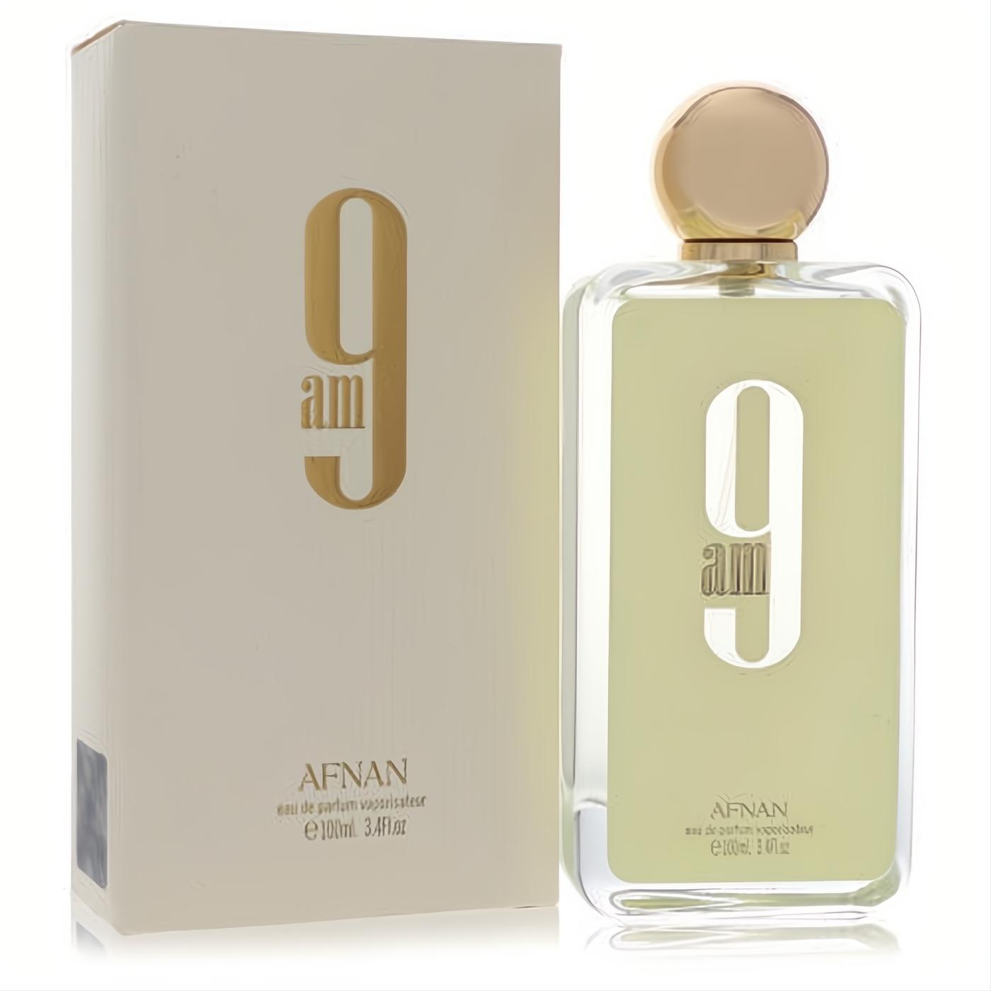 Sophisticated Afnan 9am 3.4oz unisex EDP in a clear rectangular bottle with a luxurious gold cap, beside its elegant cream box.