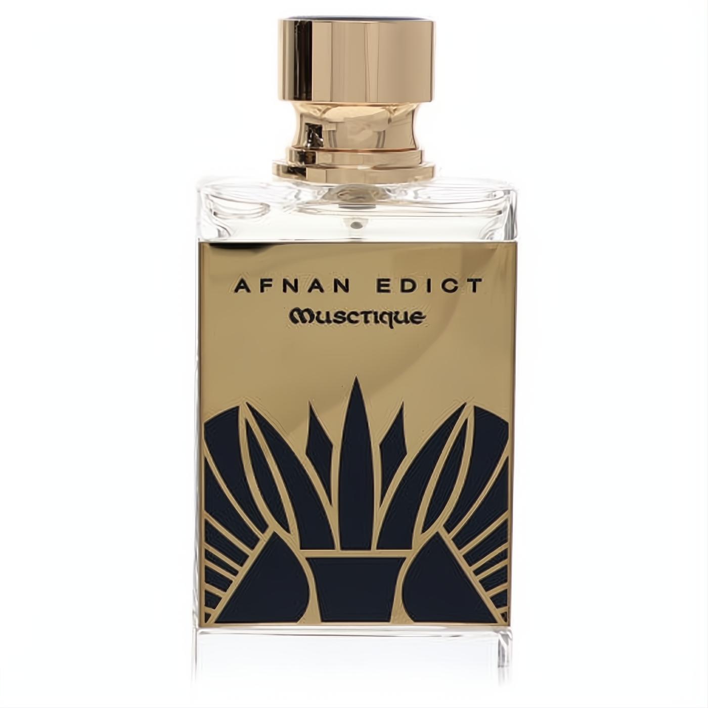 Afnan Edict Musctique Extrait De Parfum. Clear glass bottle, luxurious gold cap, and striking black art deco design on a gold panel.