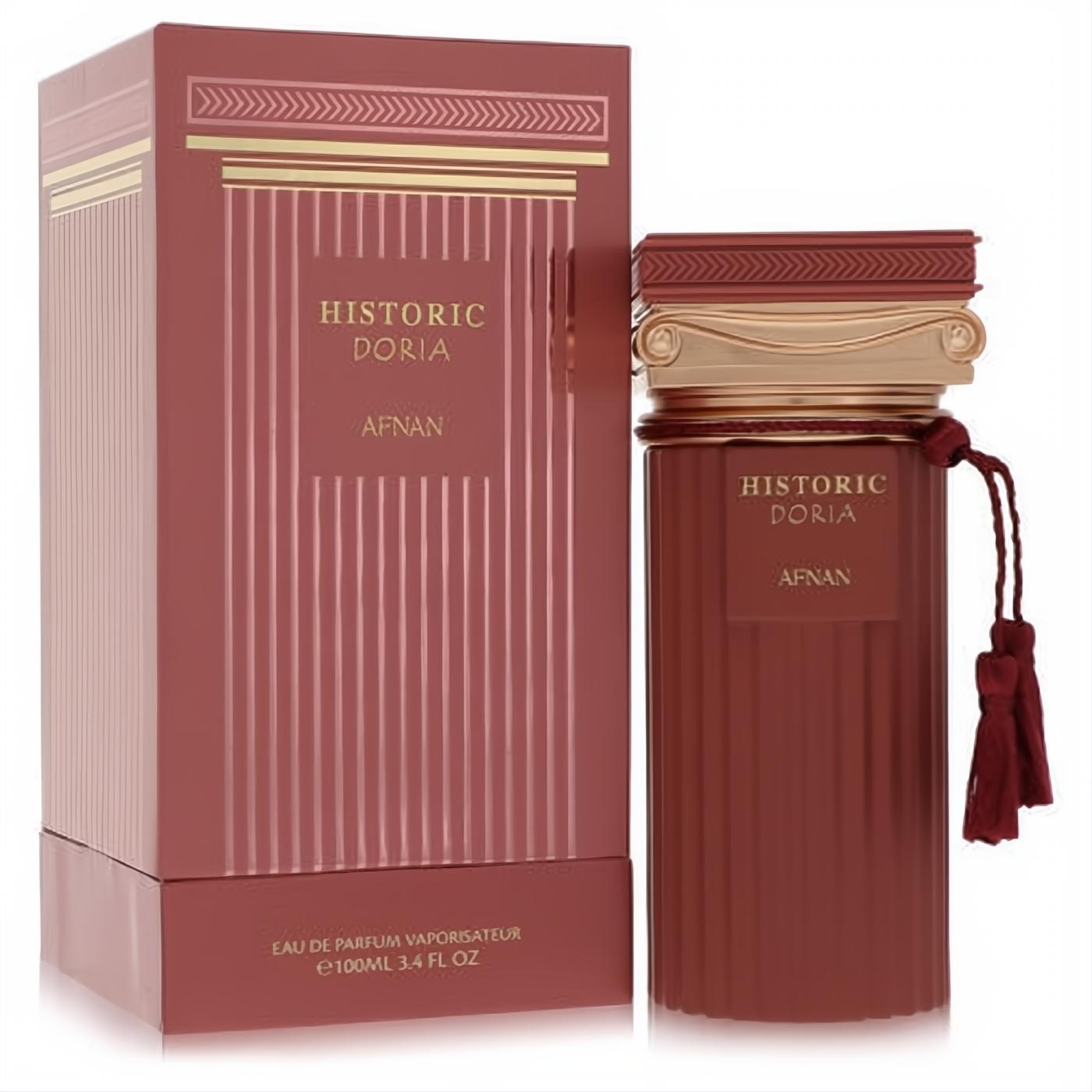 Experience Afnan Historic Doria 3.4 oz unisex EDP. Rich terracotta bottle, gold trim, and elegant tassel.