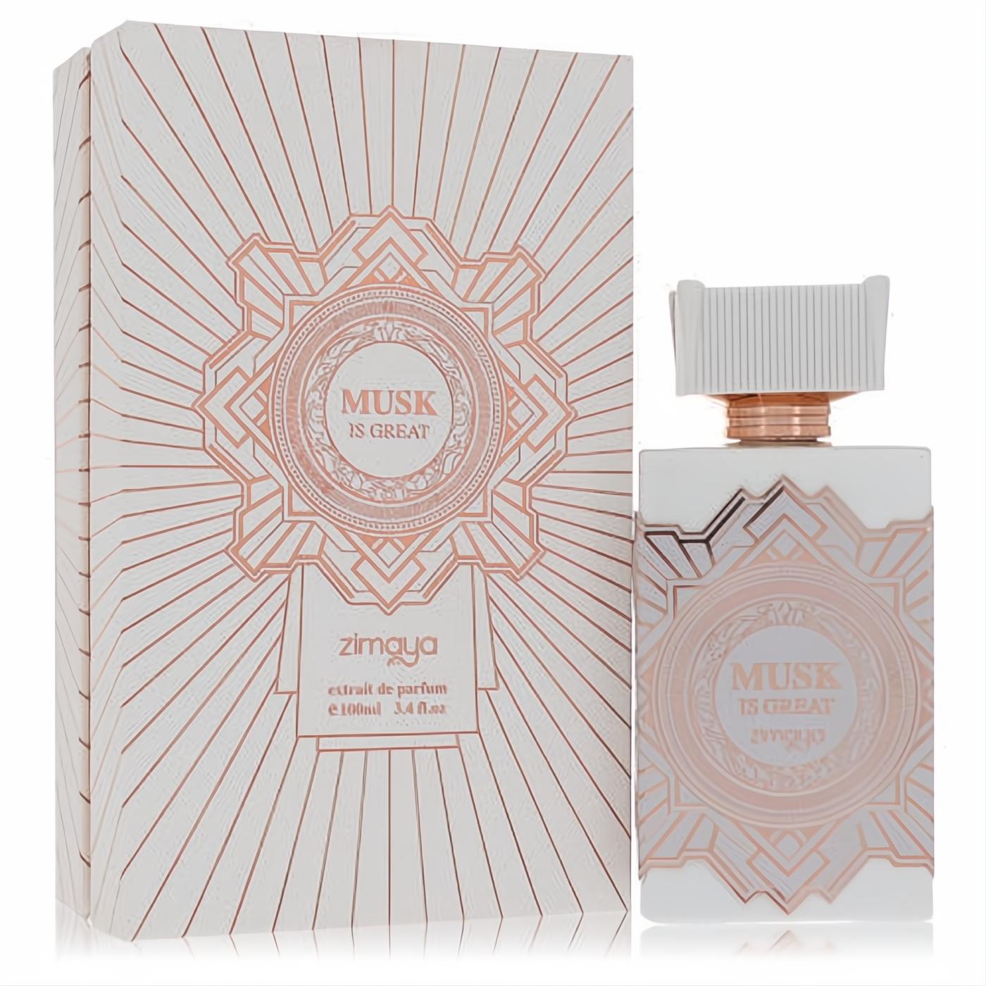 Afnan Musk is Great 3.4 oz unisex extrait de parfum. White bottle, rose gold geometric design, matching luxury box.