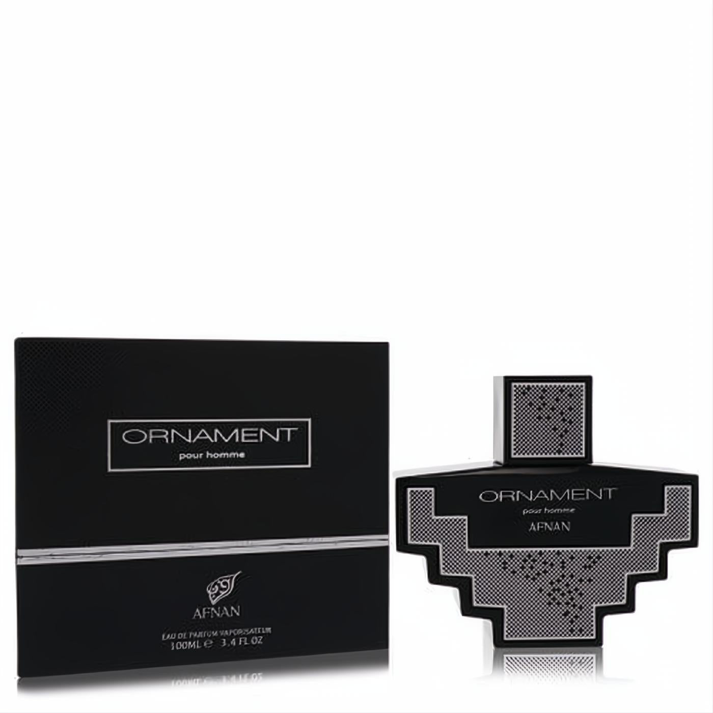 Experience Afnan Ornament 3.4 oz men's cologne in its bold black geometric bottle with a captivating silver pattern and sleek box.
