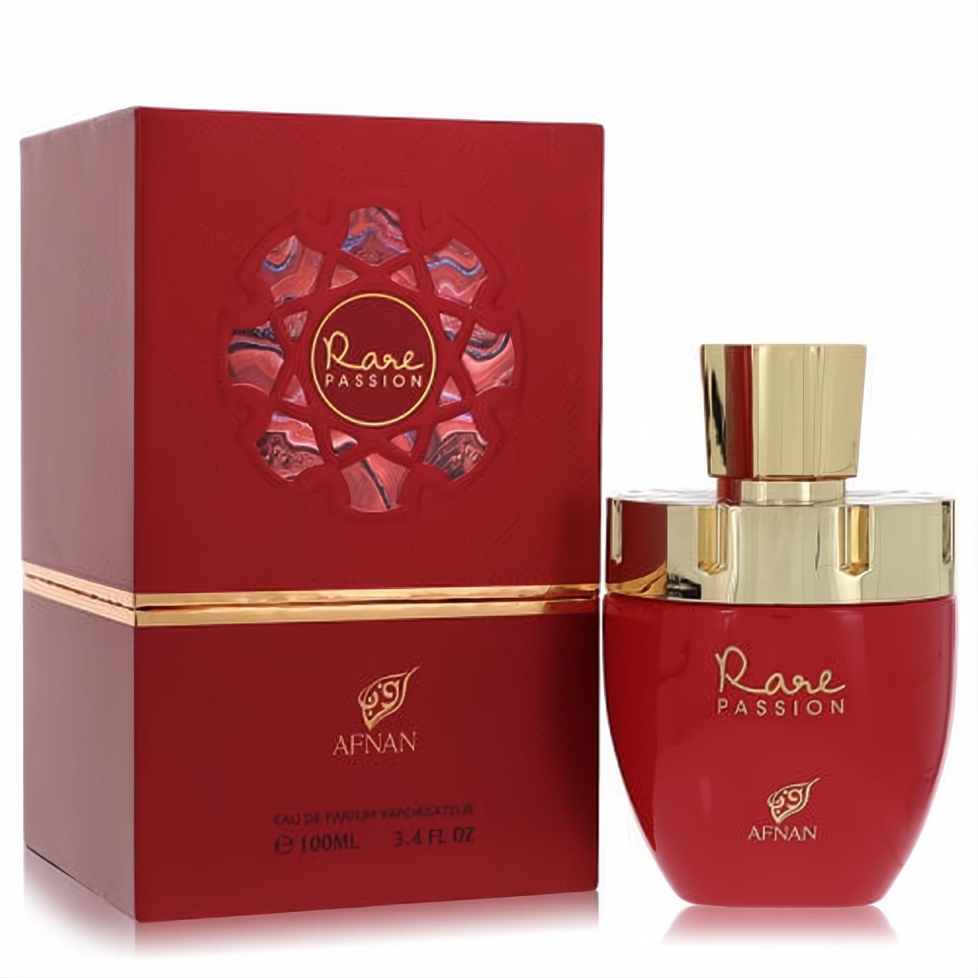 Luxurious Afnan Rare Passion 3.4 oz EDP. Vibrant red bottle with a gleaming gold cap and an ornate matching red and gold box.