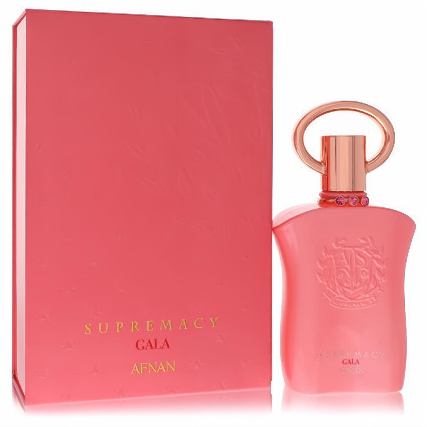 Exquisite Afnan Supremacy Gala 3 oz EDP. Vibrant coral pink bottle with a chic rose gold cap and sparkling crystal collar.