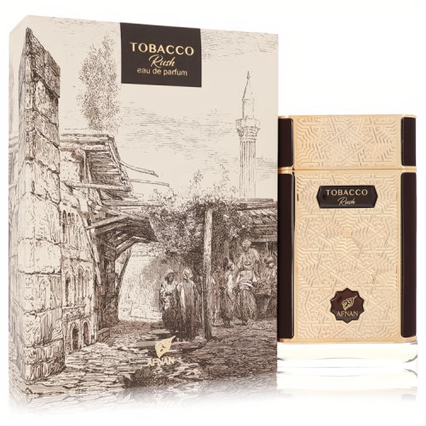 Elegant gold Afnan Tobacco Rush 2.7 oz unisex EDP bottle with ornate design, next to its cream box featuring a sepia city scene.