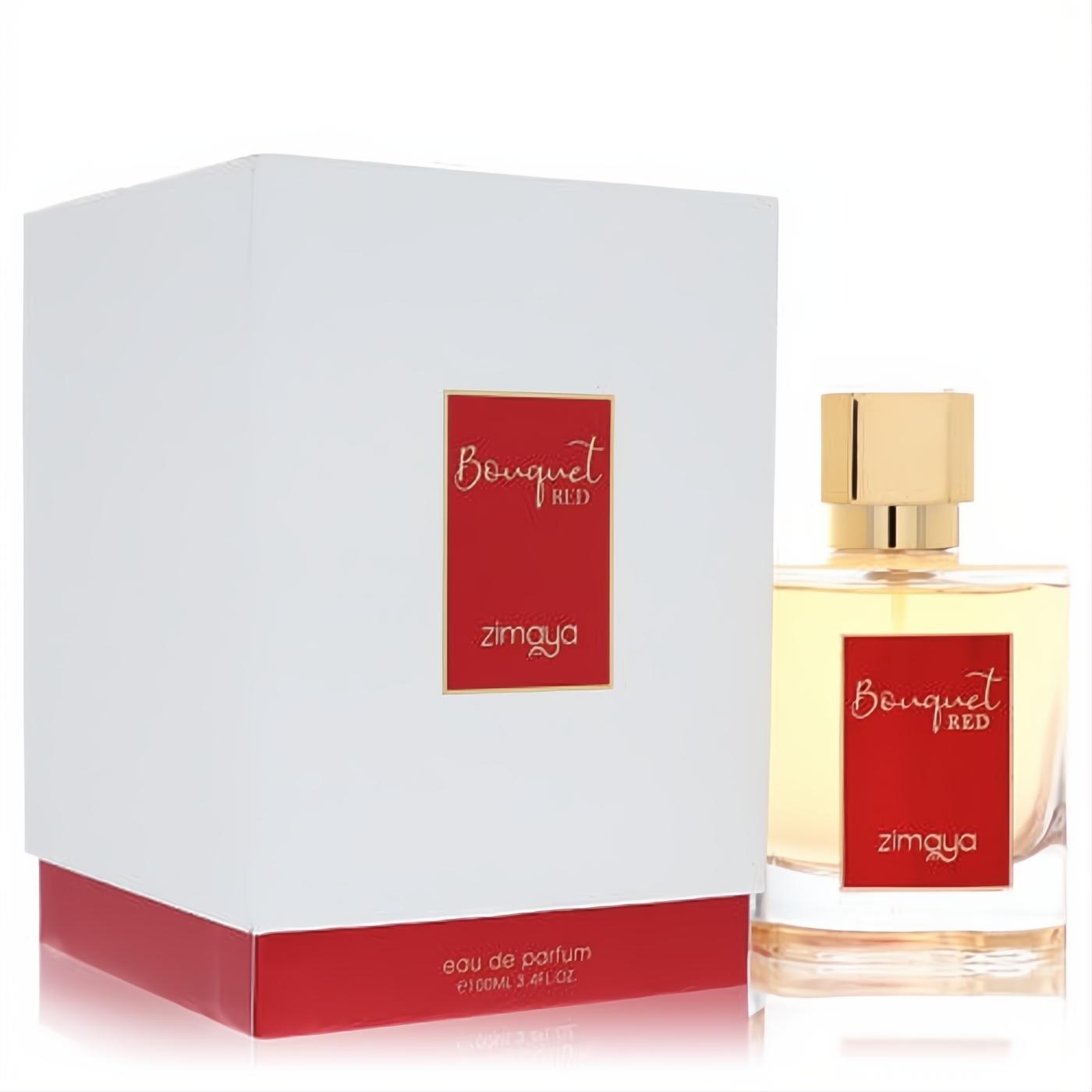 Afnan Zimaya Bouquet Red 3.4 oz Eau De Parfum. Elegant clear bottle with gold cap and striking red label, beside its matching white box.