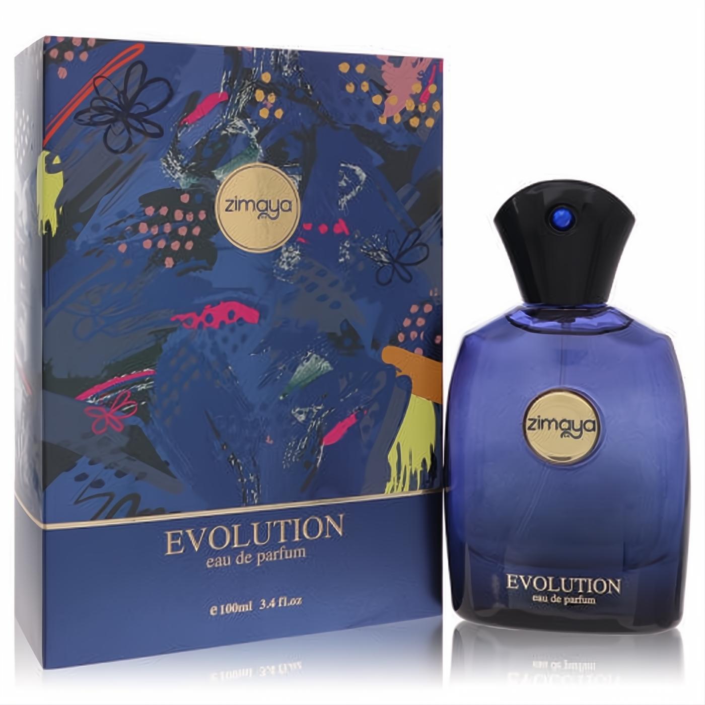 Afnan Zimaya Evolution 3.4 oz unisex Eau De Parfum. Bold dark blue bottle with black cap and a vibrant, artistic box.