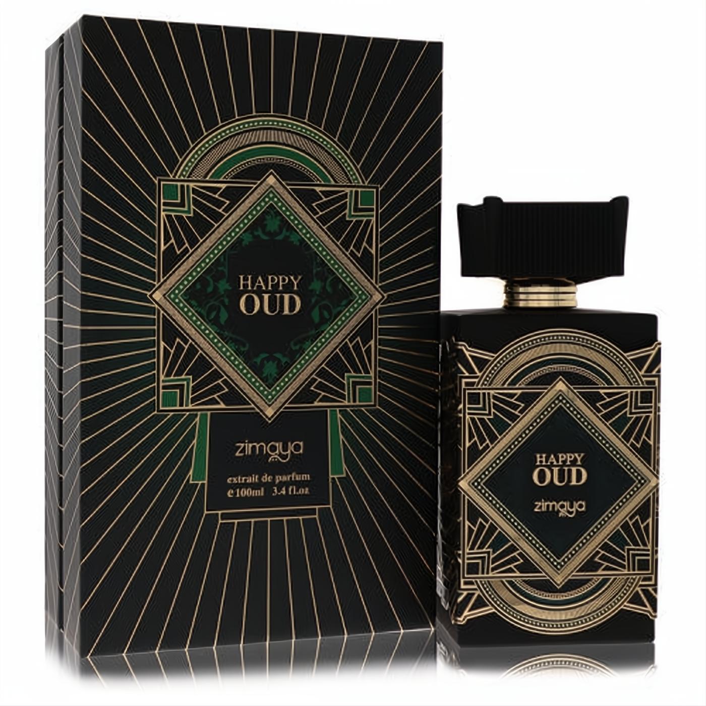 Luxurious Afnan Zimaya Happy Oud 3.4 oz unisex extrait de parfum. Black bottle and box with elegant gold & green Art Deco design.