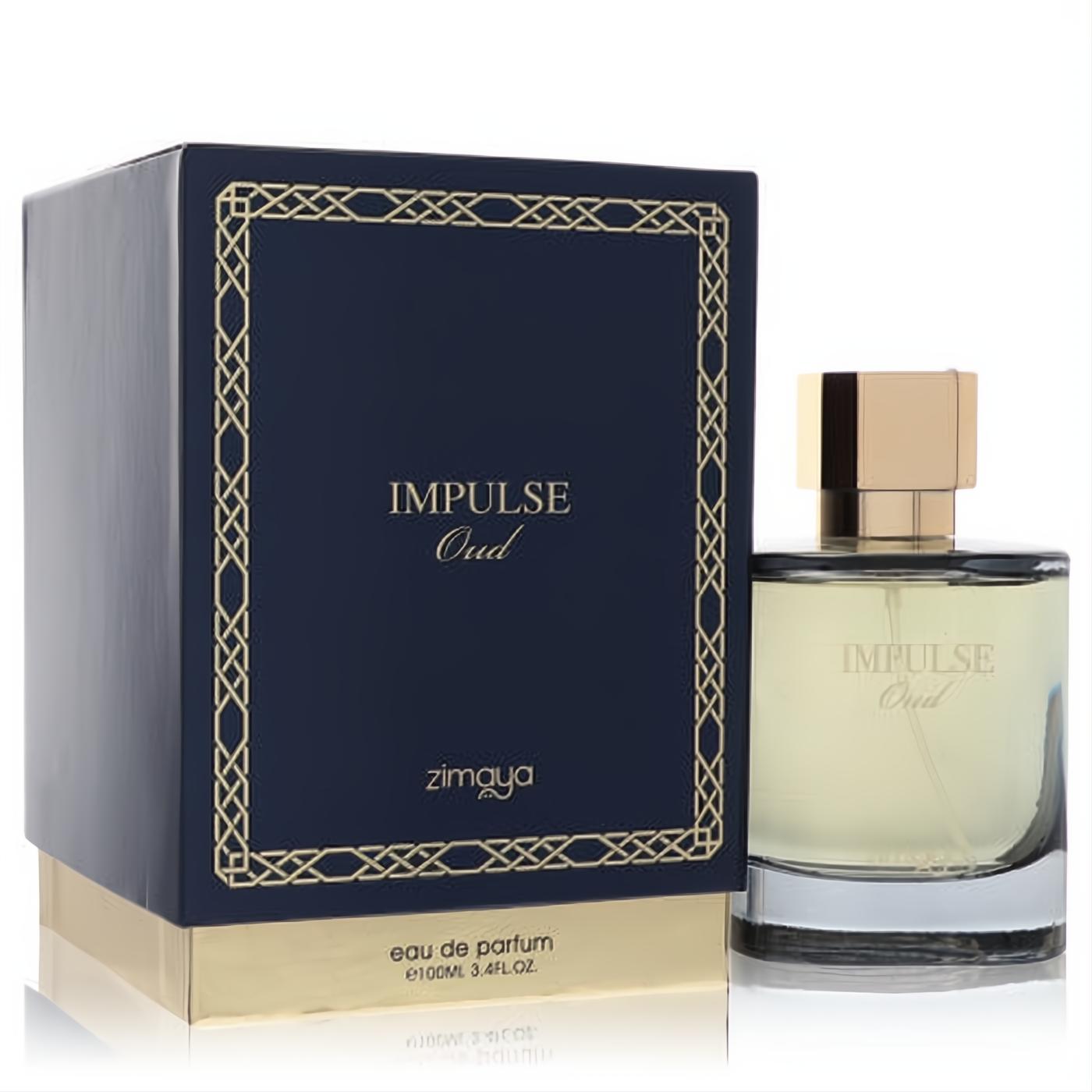 Elegant Afnan Zimaya Impulse Oud 3.4 oz Eau de Parfum. Luxurious navy and gold box with geometric design, clear glass bottle.