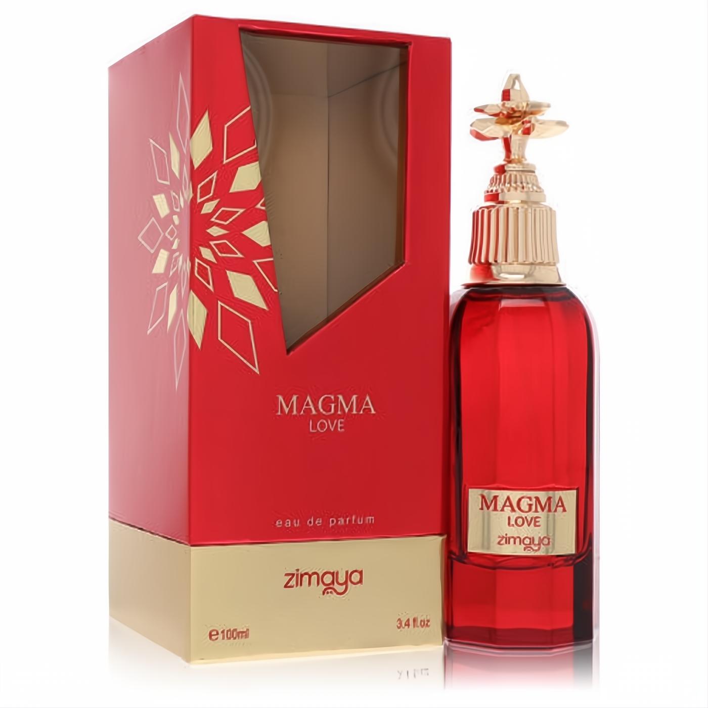 Afnan Zimaya Magma Love unisex 3.4 oz eau de parfum. Bold red bottle, ornate gold cap, elegant red & gold box.