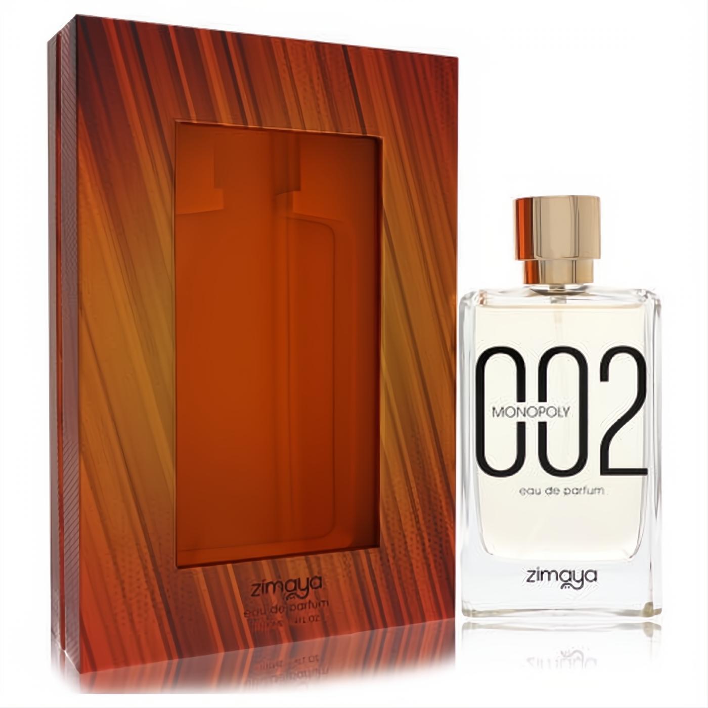 Afnan Zimaya Monopoly 002 men's 3.4 oz eau de parfum: sleek glass bottle with gold cap and warm amber display box.