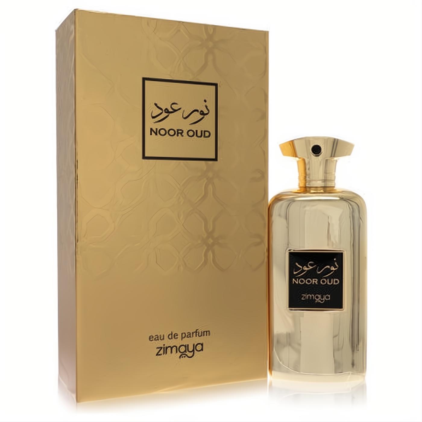 Luxurious gold Afnan Zimaya Noor Oud 3.4 oz unisex Eau De Parfum bottle with sleek design and elegant embossed box.