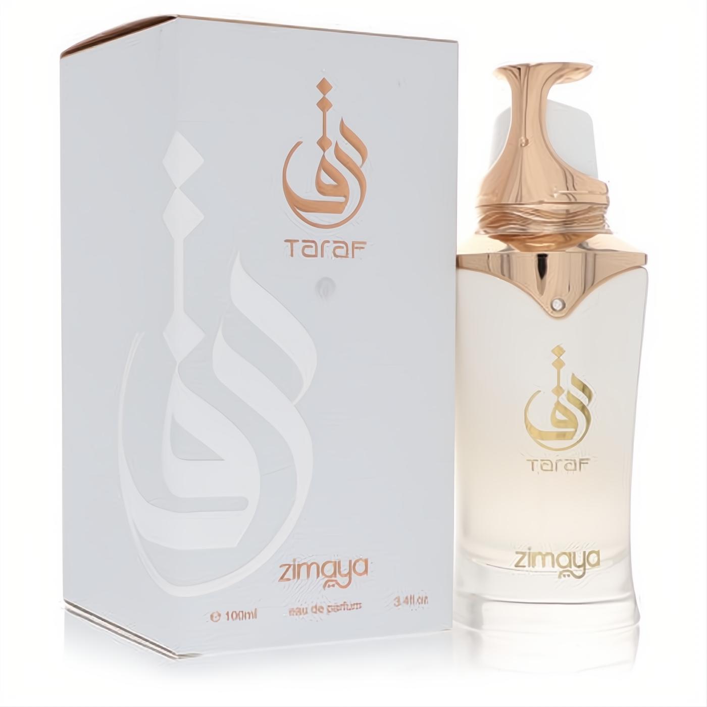 Luxurious Afnan Zimaya Taraf White 3.4 oz Eau De Parfum. Elegant white frosted bottle with gold cap and Taraf script.